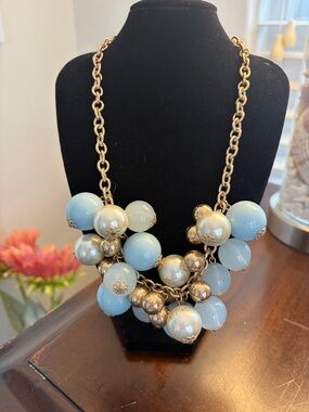Gold Chain Statement Necklace with Light Blue and Pearl Beads